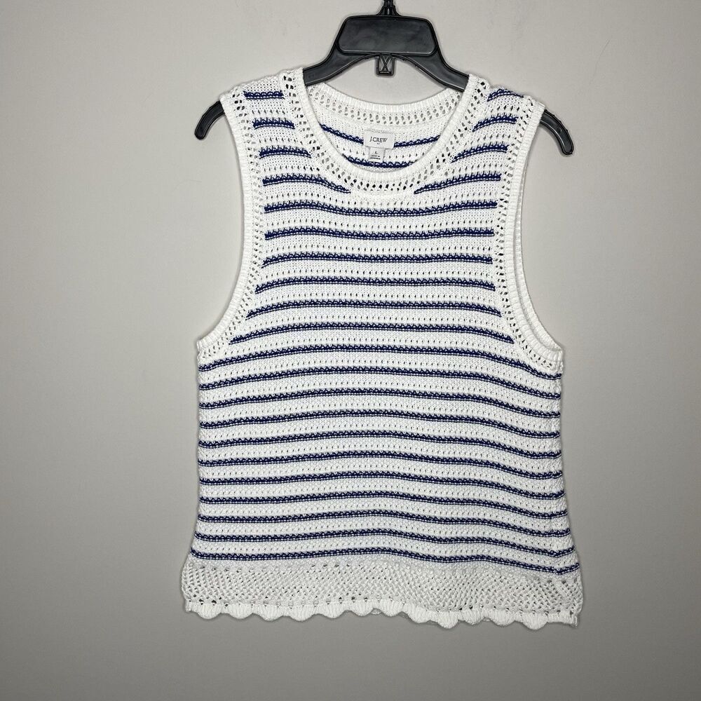 J.CREW Sleeveless Sweater Women Large Blue Stripe NEW Cotton Crochet Knit BZ995